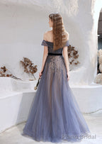 Evening Dress, Blue Prom Dresses, A Line Bateau Neck Floor Length Short Sleeves Zipper Formal Party Dresses, Pageant Dresses