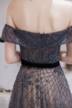 Evening Dress, Blue Prom Dresses, A Line Bateau Neck Floor Length Short Sleeves Zipper Formal Party Dresses, Pageant Dresses