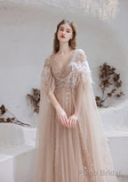 Luxury Champagne Evening Dress, Long Evening Party Prom Dresses, A Line Prom Gown