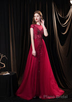 Cap Sleeves Prom Dress 2025 Beading Appliques Tulle Scoop Floor Length Burgundy Prom Dresses