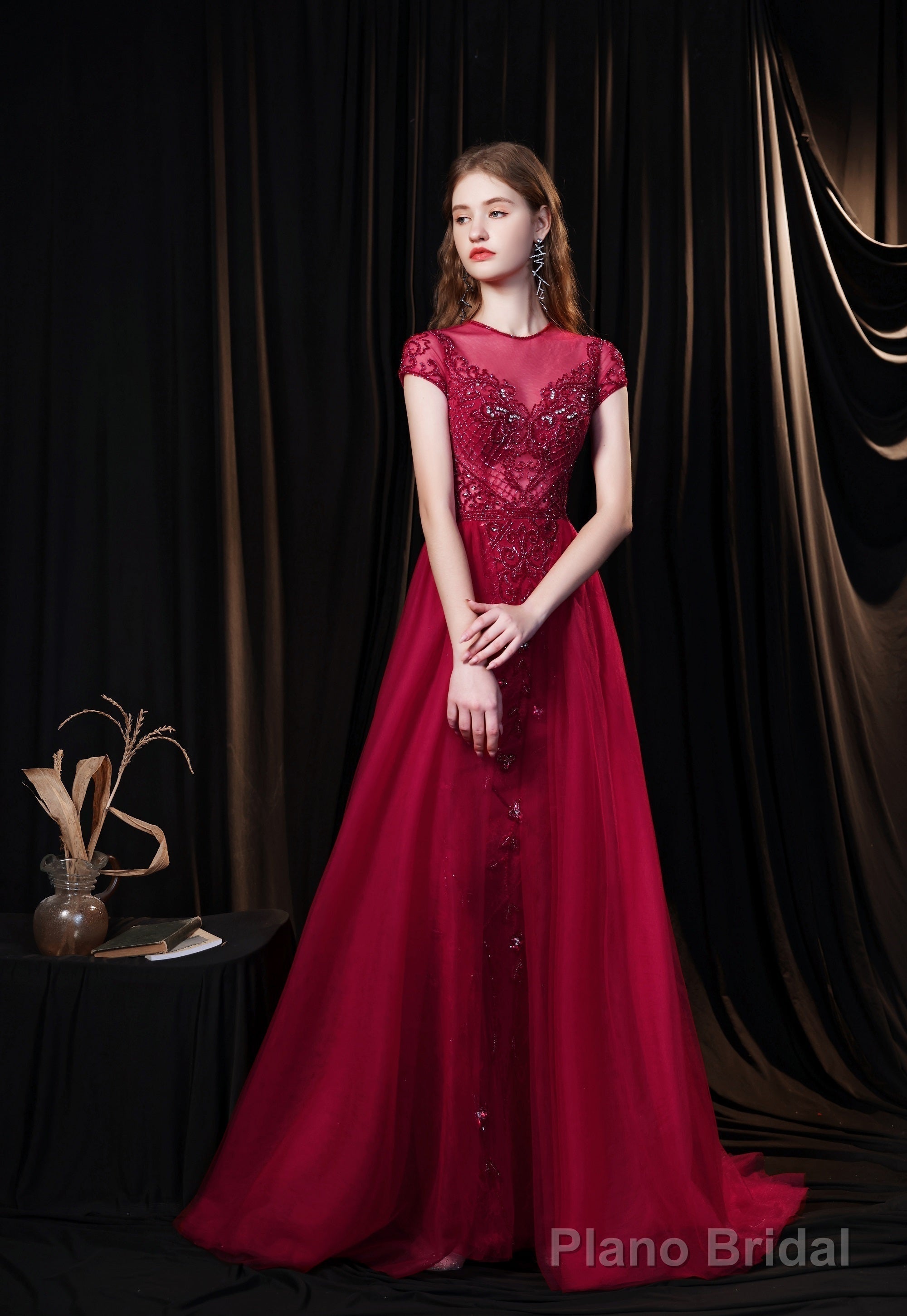 Cap Sleeves Prom Dress 2025 Beading Appliques Tulle Scoop Floor Length Burgundy Prom Dresses Secondary image