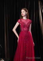 Cap Sleeves Prom Dress 2025 Beading Appliques Tulle Scoop Floor Length Burgundy Prom Dresses