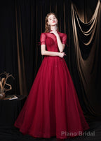 Burgundy Prom Dresses, Tulle High Neck Cap Sleeve Backless Beading Prom Dress