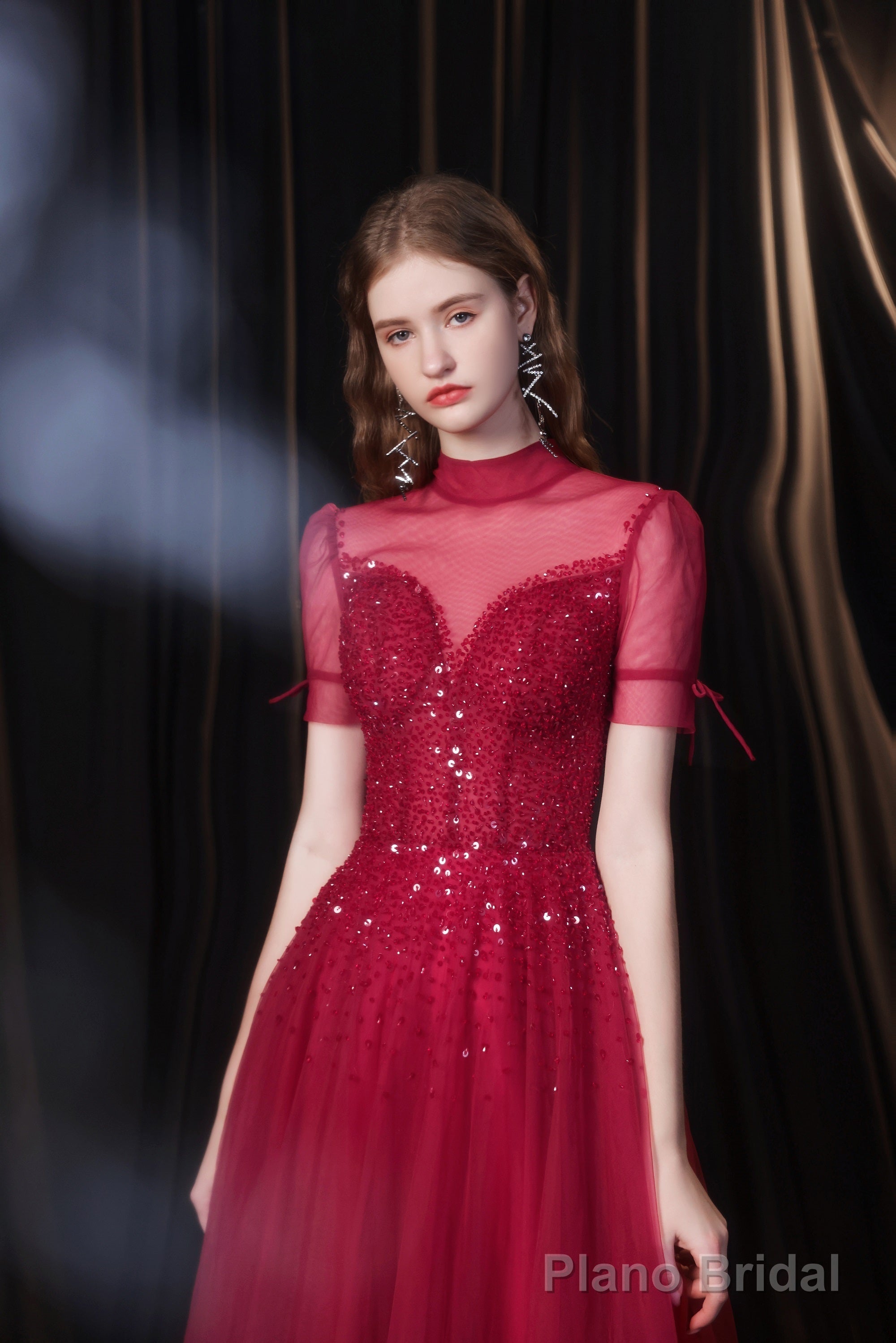 Burgundy Prom Dresses, Tulle High Neck Cap Sleeve Backless Beading Prom Dress