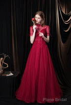 Burgundy Prom Dresses, Tulle High Neck Cap Sleeve Backless Beading Prom Dress