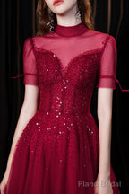 Burgundy Prom Dresses, Tulle High Neck Cap Sleeve Backless Beading Prom Dress