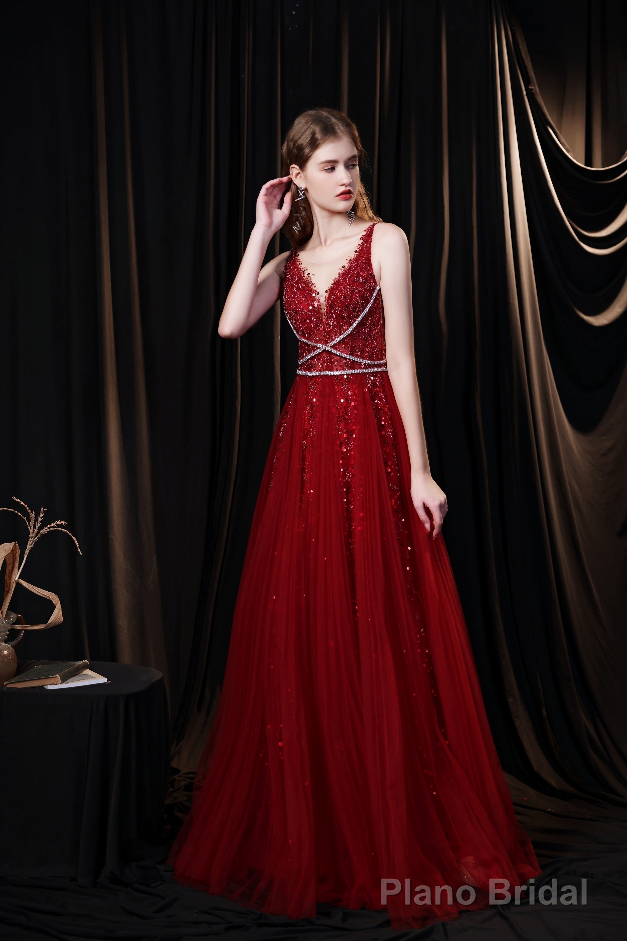 Luxury Burgundy Evening Dress, Long Evening Party Prom Dresses, A Line Prom Gown
