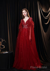 Luxury Burgundy Evening Dress, Long Evening Party Prom Dresses, A Line Prom Gown
