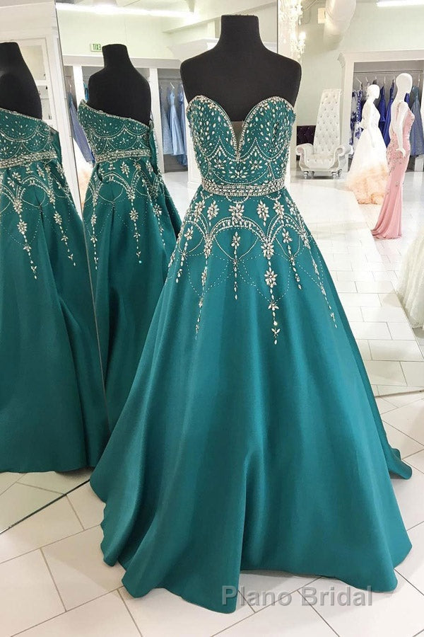 Green A Line Floor Length Sweetheart Sleeveless Beading Formal Prom Dresses