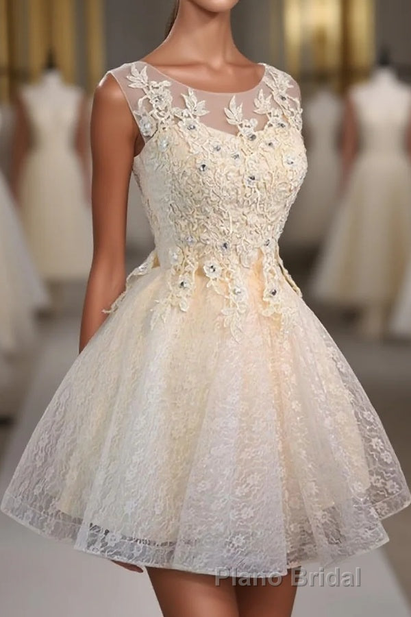 Champagne Lace Round Neck Short Formal Prom Dresses, Bridesmaid Dresses Main image
