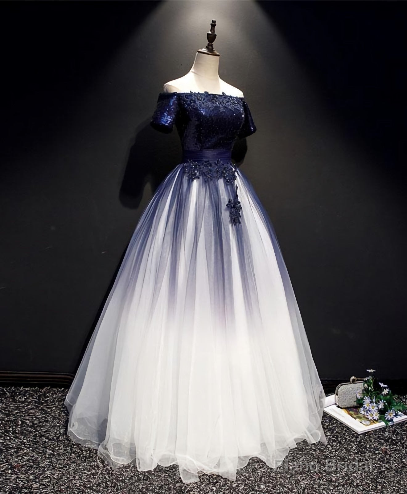Blue Tulle Lace Long Prom Dress, Blue Tulle Lace Formal Dress