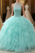 Mint Ball Gown Floor Length Halter Keyhole Back Beading Ruffles Formal Prom Dresses
