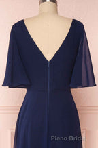 Navy Blue Chiffon V-Neck Ruffled Sleeve Long Bridesmaid Dresses