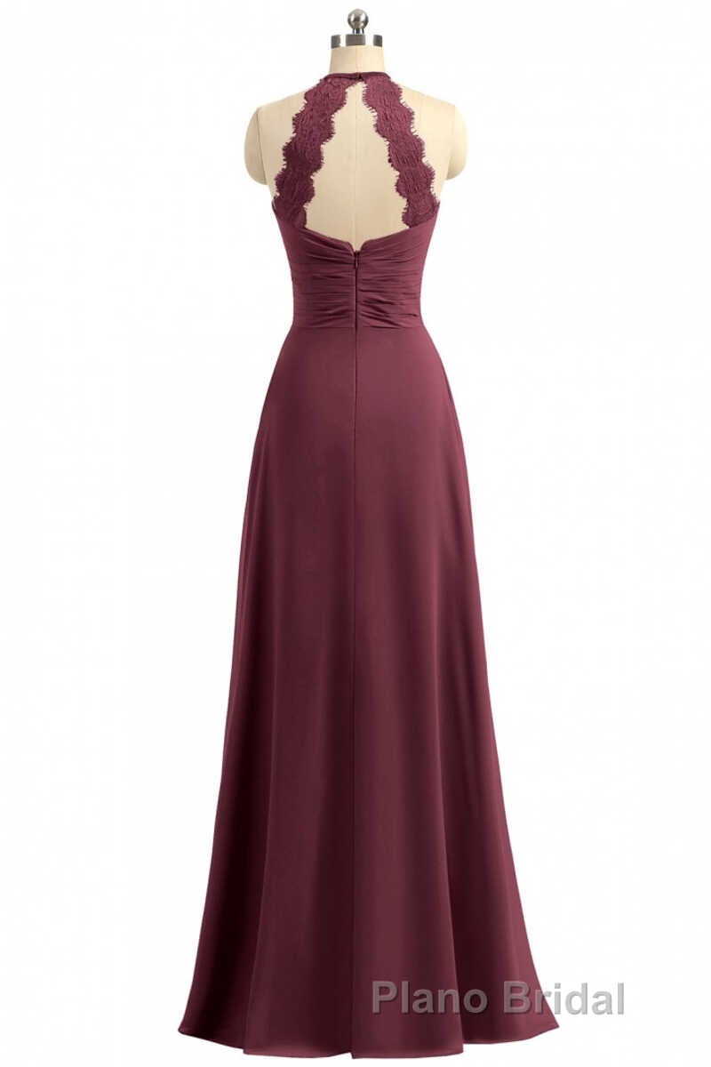 Burgundy Chiffon Halter Long Bridesmaid Dresses with Lace Strap