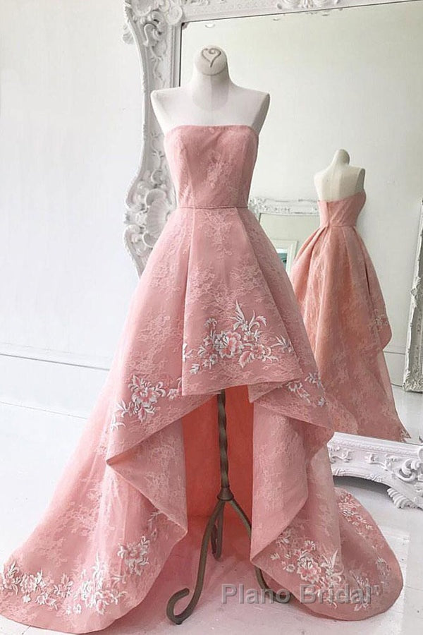 Charming Modest Pink A Line High Low Strapless Zipper Back Formal Prom Dresses Secondary image