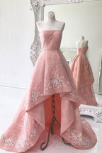 Charming Modest Pink A Line High Low Strapless Zipper Back Formal Prom Dresses