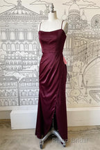 Sheath Spaghetti Straps Satin Long Bridesmaid Dresses with Slit