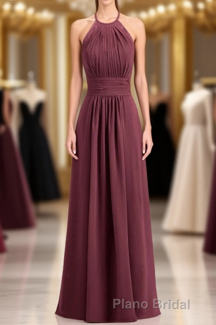 Burgundy Chiffon Halter Long Bridesmaid Dresses with Lace Strap Main image