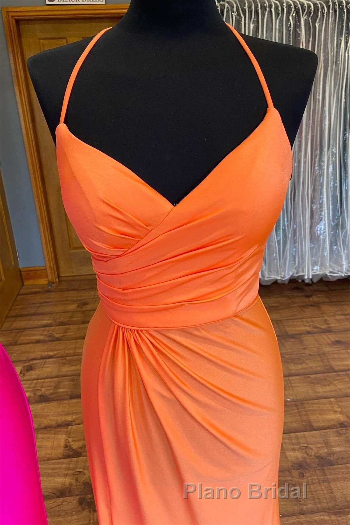 Orange Surplice Neck Backless Long Prom Dresses Secondary image