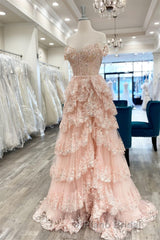 Light Blue Lace Sweetheart Tiered Long Formal Prom Dresses with Slit