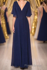 Navy Blue Chiffon V-Neck Ruffled Sleeve Long Bridesmaid Dresses