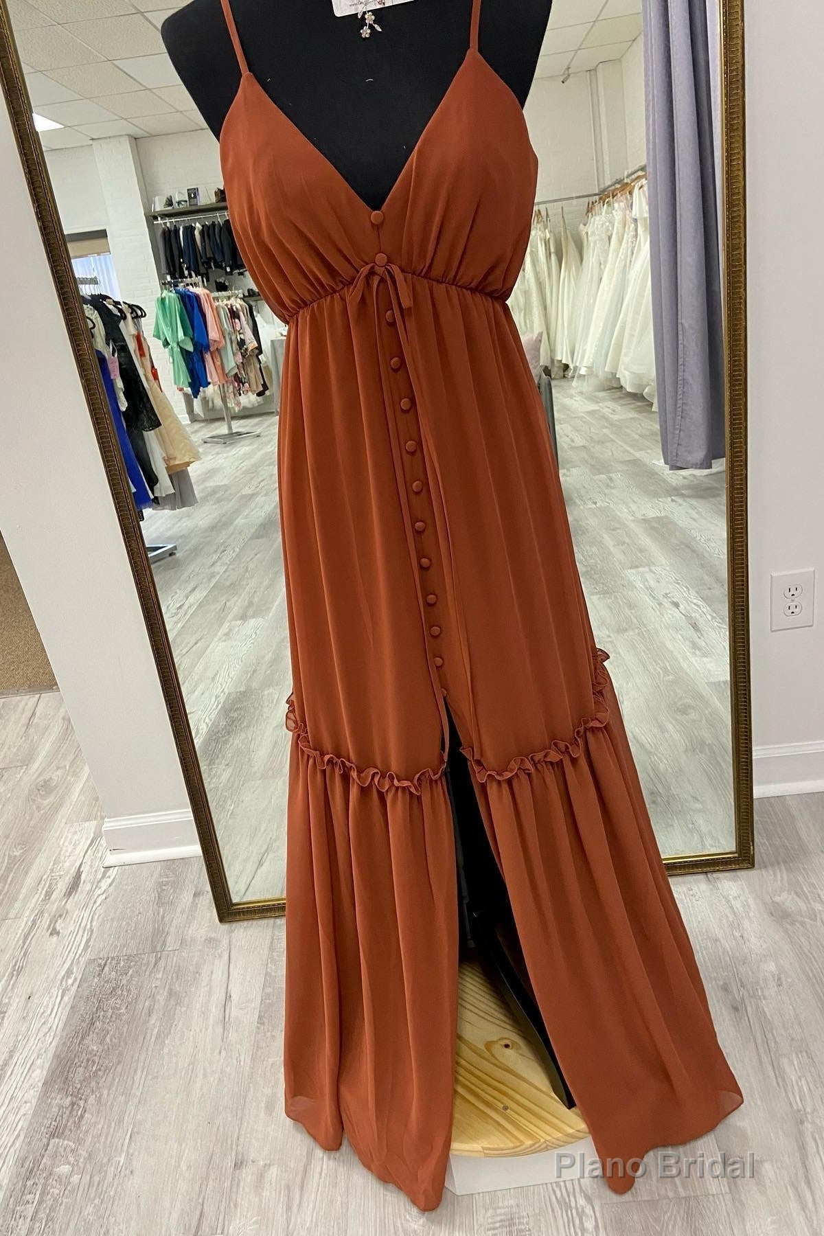 Brown A-line V Neck Straps Ruffle Buttons Long Bridesmaid Dress with Slit Main image