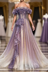 Purple Tulle Sequin Long Formal Prom Dresses, Purple Tulle Prom Dresses