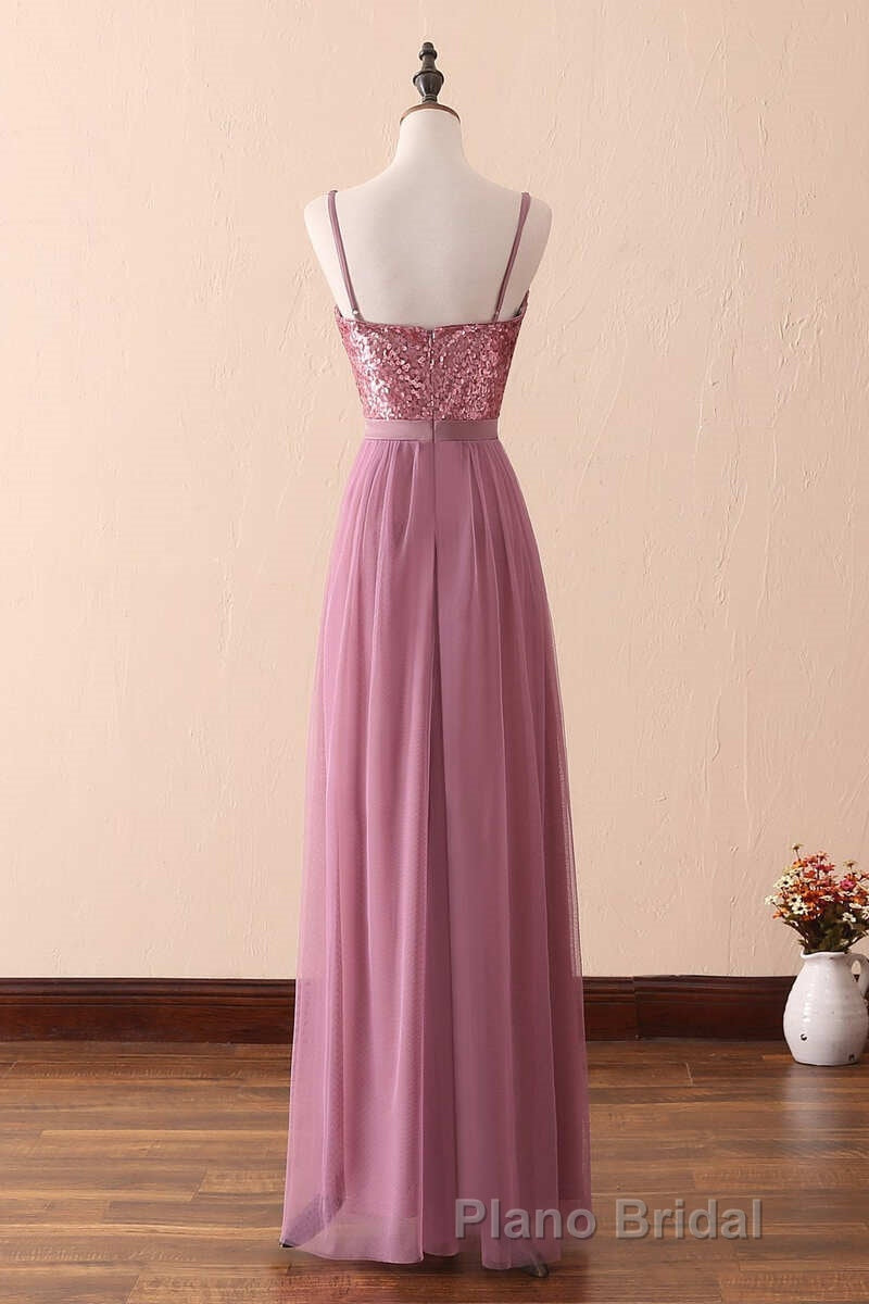 Dusty Purple Sequin Spaghetti Straps A-Line Long Bridesmaid Dresses Secondary image