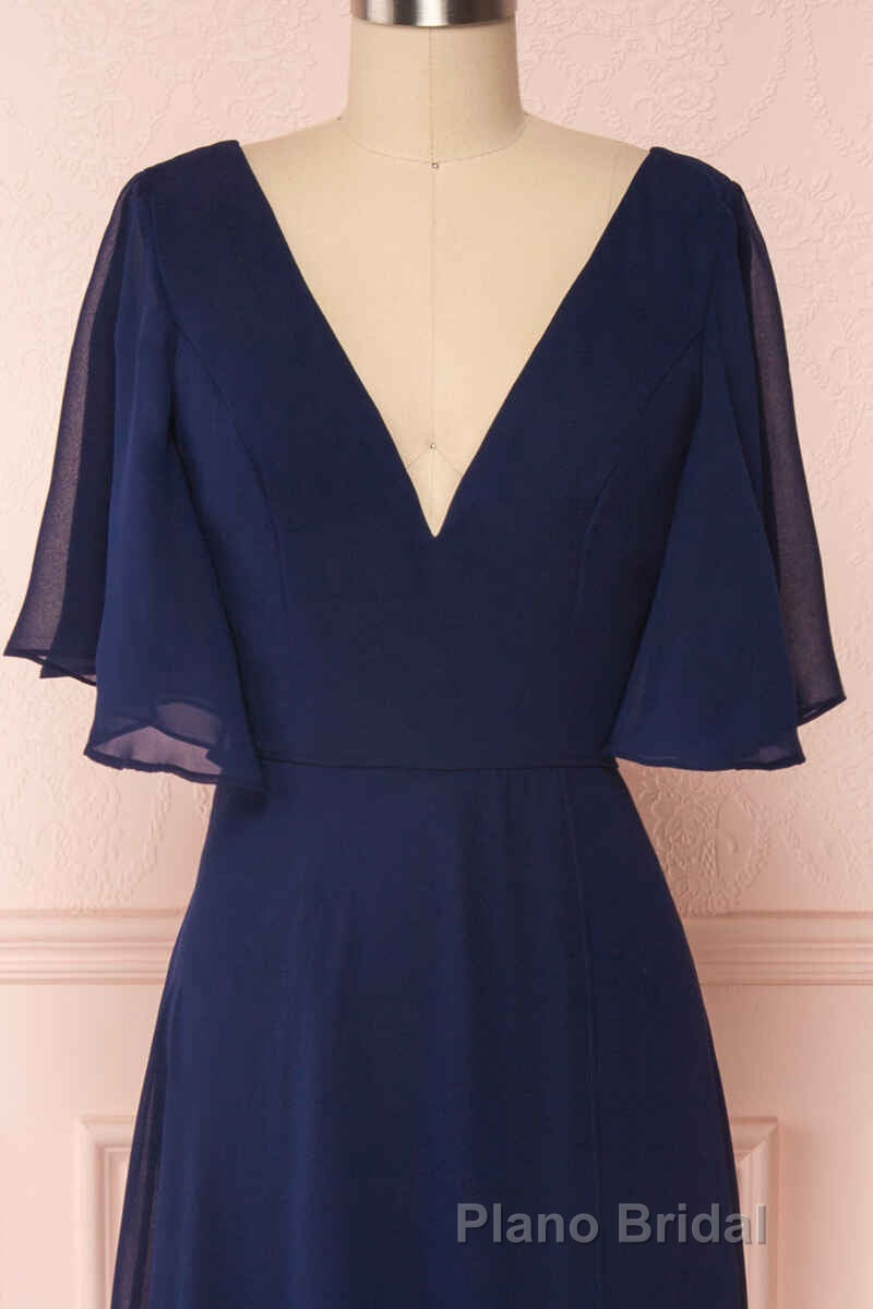 Navy Blue Chiffon V-Neck Ruffled Sleeve Long Bridesmaid Dresses