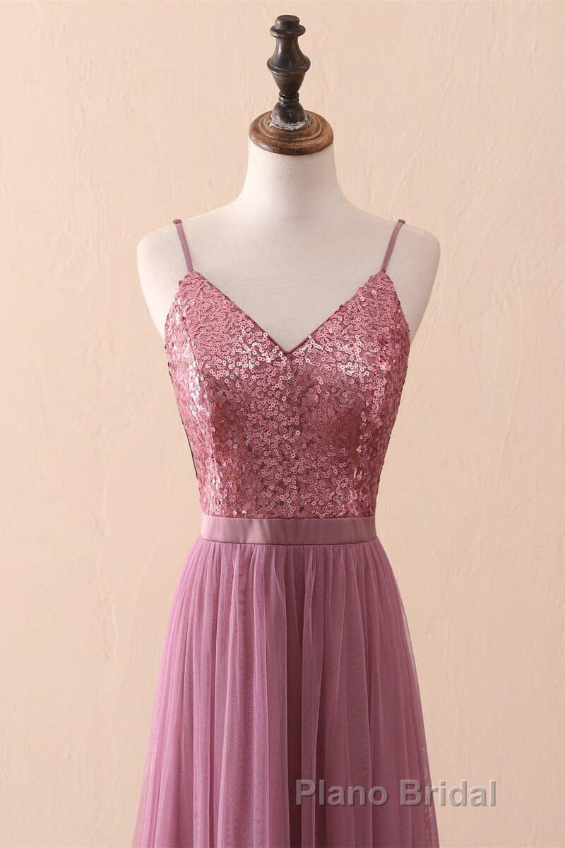 Dusty Purple Sequin Spaghetti Straps A-Line Long Bridesmaid Dresses