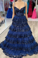 Navy Blue Floral Multi-Layers Sequined Straps Long Formal Prom Dresses