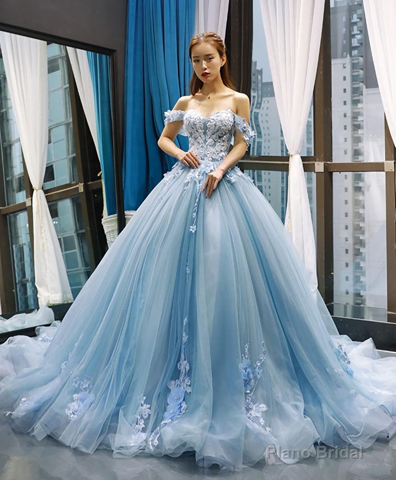 Blue Off Shoulder Tulle Lace Long Prom Gown Blue Evening Dress Main image