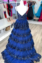 Navy Blue Floral Multi-Layers Sequined Straps Long Formal Prom Dresses