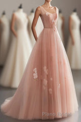 Pink V Neck Tulle Long Formal Prom Dresses, Tulle Evening Dresses