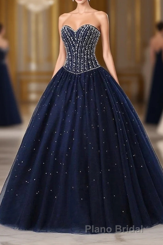 Navy Blue Ball Gown Floor Length Sweetheart Sleeveless Mid Back Formal Prom Dresses Main image
