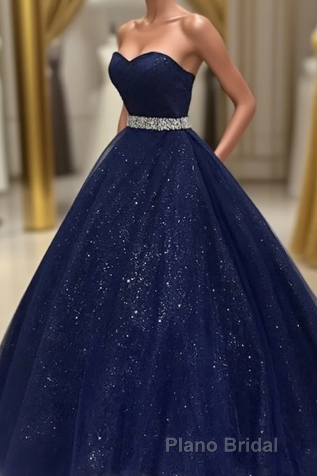Navy Blue Ball Gown Court Train Sleeveless Mid Back Sparkle Formal Prom Dresses Main image