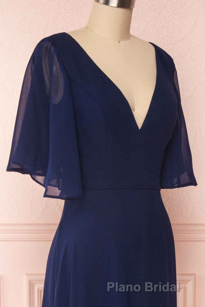 Navy Blue Chiffon V-Neck Ruffled Sleeve Long Bridesmaid Dresses Secondary image
