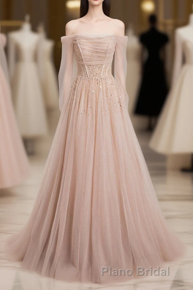 Champagne Pink Tulle Beads Long Formal Prom Dresses, Champagne Evening Dresses Main image