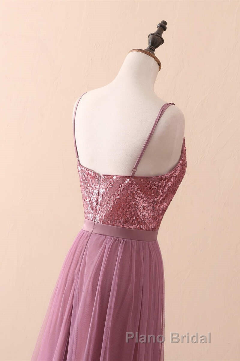 Dusty Purple Sequin Spaghetti Straps A-Line Long Bridesmaid Dresses