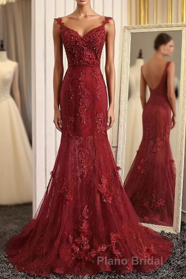 Burgundy Trumpet Sweep Train V Neck Mid Back Appliques Beading Long Formal Prom Dresses Main image