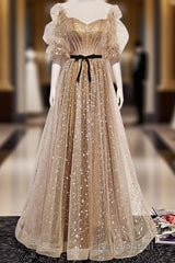 Champagne Sweetheart Tulle Long Formal Prom Dresses, Tulle Prom Dresses