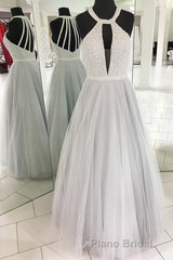 Gray A Line Floor Length Halter Sleeveless Beading Formal Prom Dresses