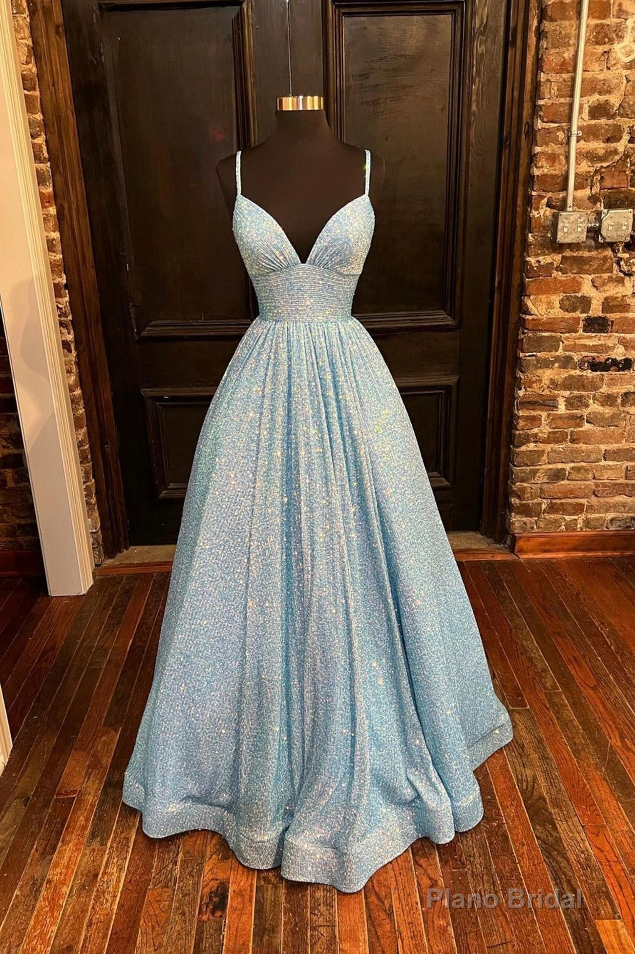 Blue V-Neck Sequins Long Prom Dresses, A-Line Evening Dresses Main image
