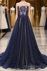 Navy A Line Sweep Train Straight Sleeveless Mid Back Lace Up Formal Prom Dresses