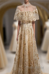 Champagne Tulle Lace Long Formal Prom Dress, Champagne Formal Dress, 1
