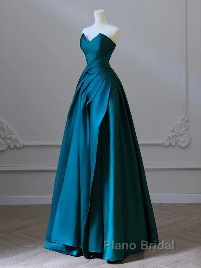 Simple Blue Satin Strapless Formal Prom Dresses
