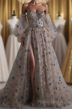 Chic Long Sweetheart Front Split Star Formal Prom Dresses With Sleeves