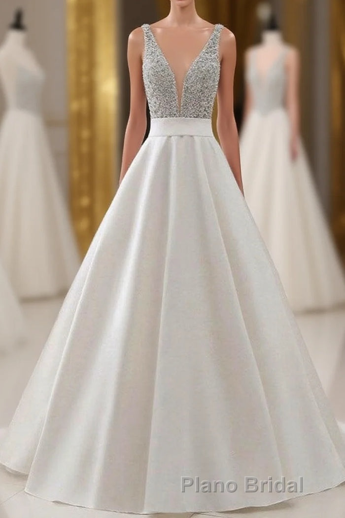 A Line Brush Train Deep V Neck Sleeveless Beading Formal Prom Dresses Main image