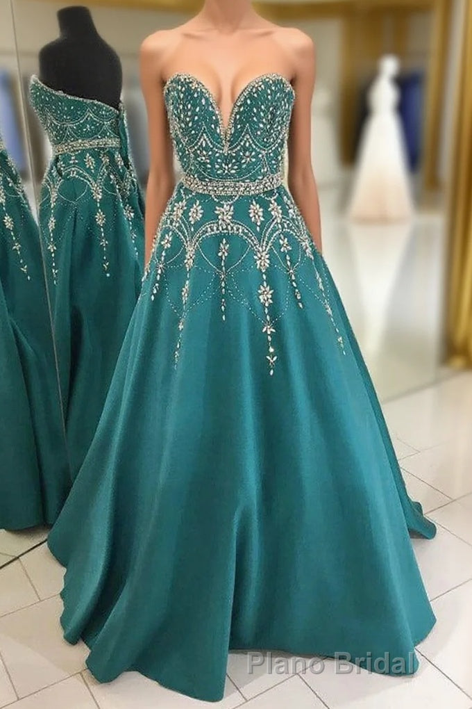 Green A Line Floor Length Sweetheart Sleeveless Beading Formal Prom Dresses Main image