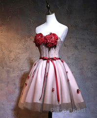 Red Sweetheart Neck Lace Short Formal Prom Dresses